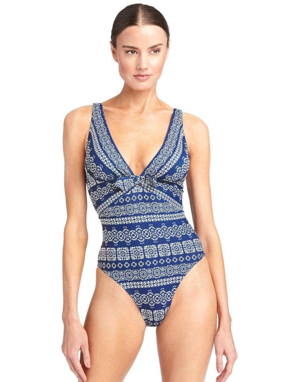🆕ROBIN PICCONE Isla Plunge One Piece Swimsuit Blue & White Print 6 - Picture 1 of 11